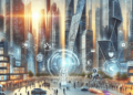 A futuristic cityscape with sleek architecture, AI robots, and smart devices.