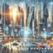 A futuristic cityscape with sleek architecture, AI robots, and smart devices.
